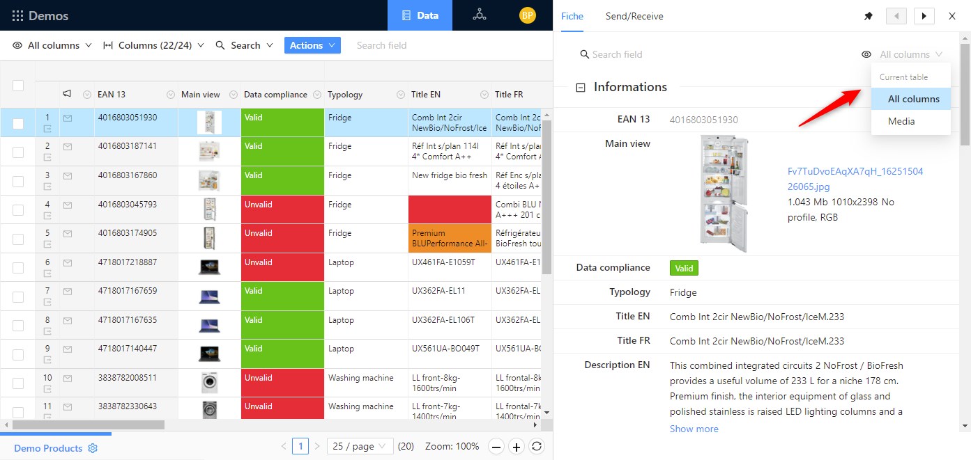 Data sheet panel change screen