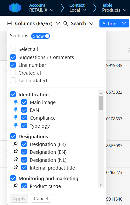 pin unpin columns