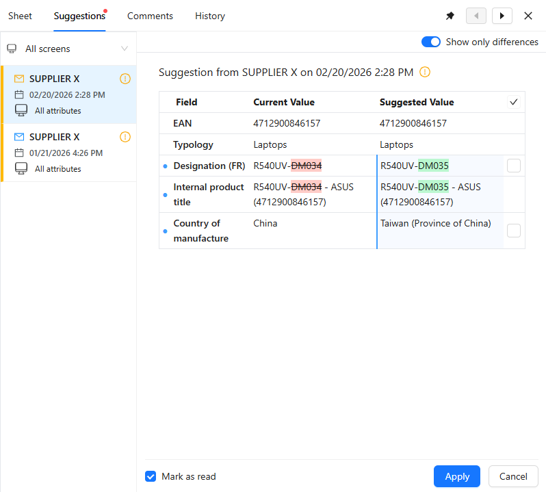 suggestion pane only differences